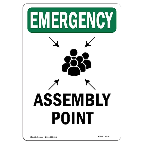 Safety Sign, OSHA EMERGENCY, 5" Height, Assembly Point, Portrait, 10PK
